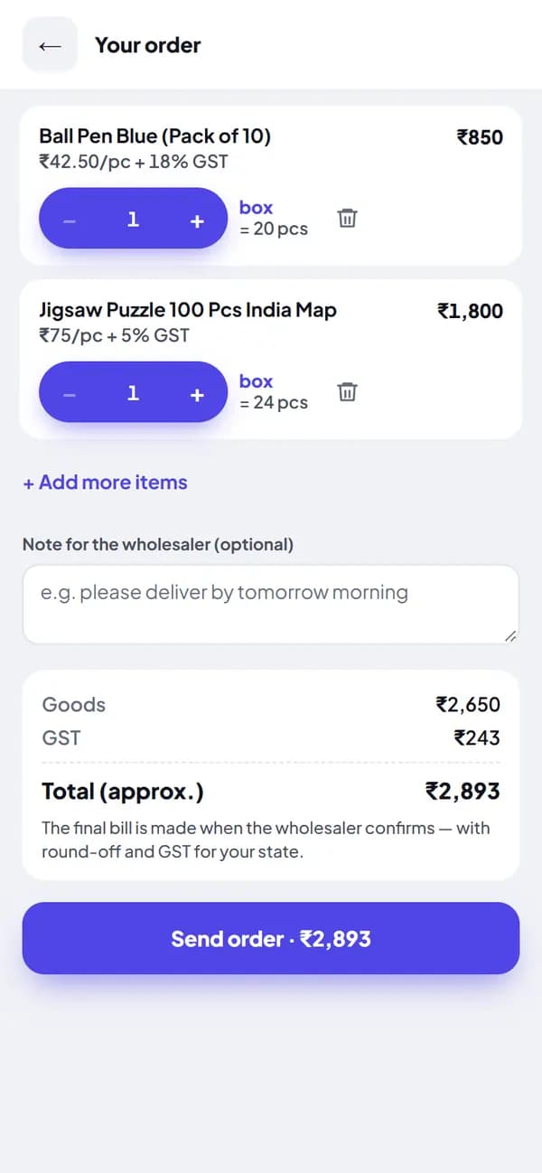 Order screen with boxes, GST and the total before sending